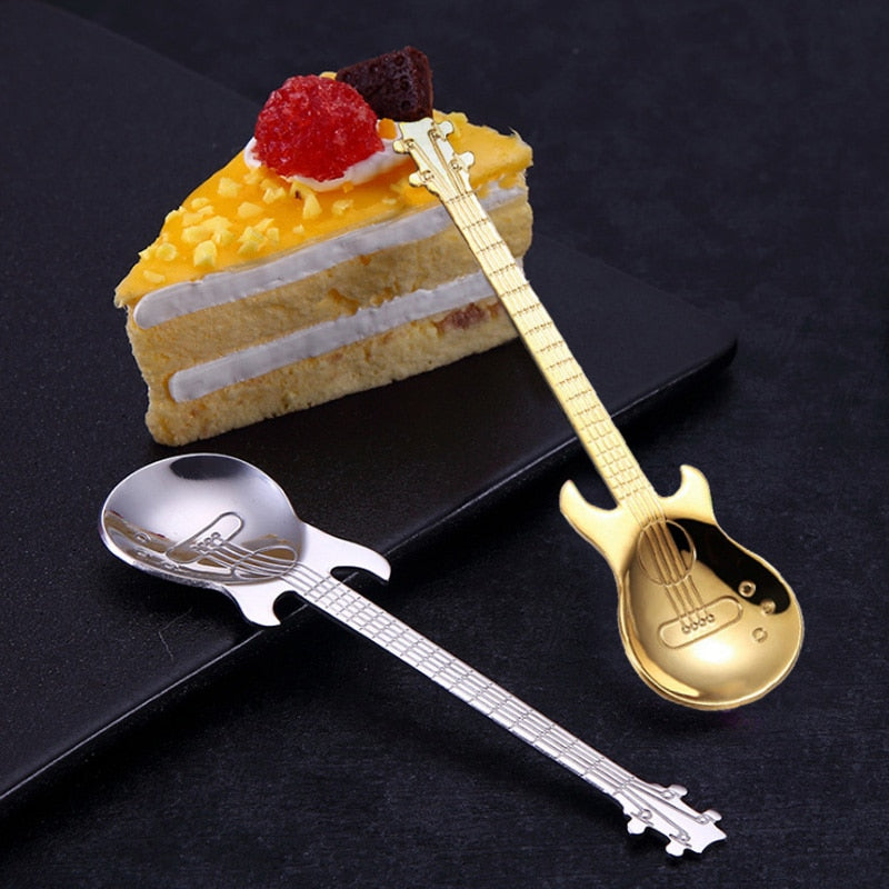 Cute Coffee Spoons Guitar Shape Mini Dessert Spoon For Ice Cream Metal Stainless Steel Musical Instrument Bass Small Spoon