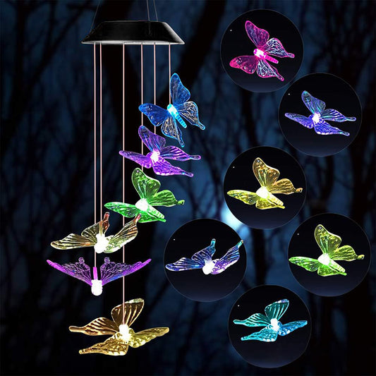 Solar Power Changeable Light IP65 Waterproof Colorful Butterfly Wind Chime Lamp for Home Outdoor Garden Yard Decoration